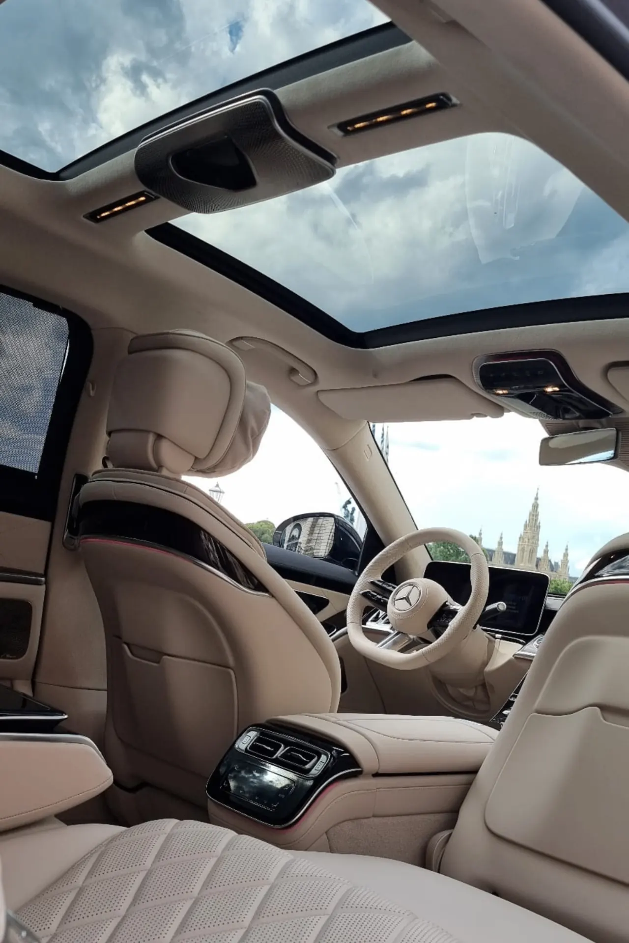 Luxury Mercedes interior with panoramic sunroof